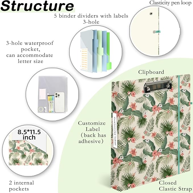 3 Ring Binder 1 inch with Clipboard - Tropical Palm Leaf Design, Includes Dividers, File Bag & Spine Label - Perfect for School, Office, and Organization, Holographic Waterproof Film