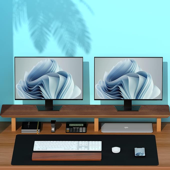 Aothia Solid Wood Dual Monitor Stand Riser for Desk, 43 Inch Black Walnut Computer Monitor Riser with Cork Legs, Extra Long Desktop Organizer Shelf for 2 Monitors, Laptop & Printer