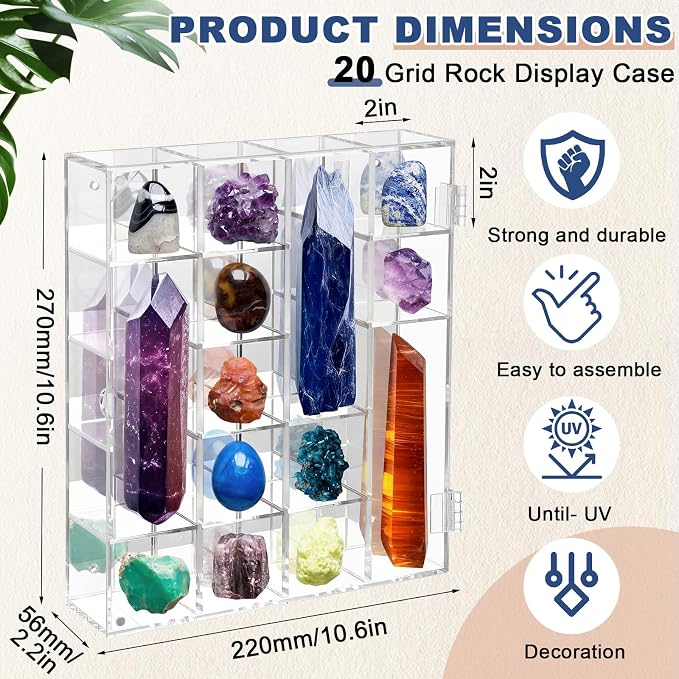 Cinnvoice Rock Display Case 20 Grids,Transparent Border, Square | Adjustable Acrylic Display Case, Crystal Organizer for Collectible, with Built-in Mirrored, Magnetic Door, Wall Mount
