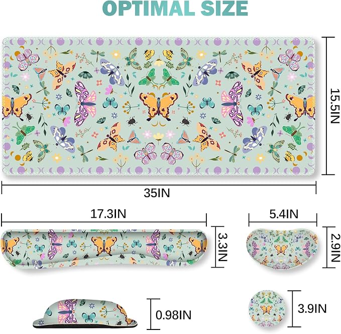 Desk Mat Set, Aquamarine Extended Gaming Mouse Pad with Wrist Rest Support +Keyboard Wrist Rest +Coaster, Large Cute Butterfly Mousepad for Office, Home