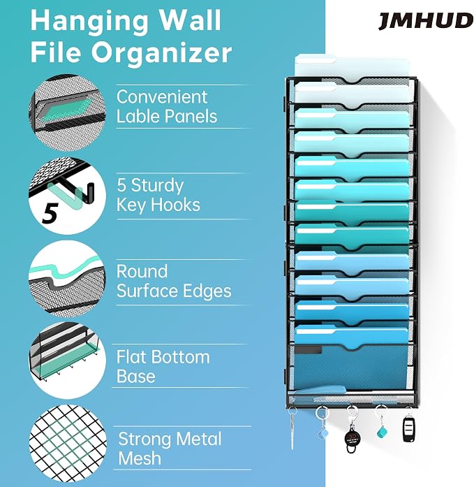 13-Tier Wall File Organizer and Mail Organizer with 5 Hooks, Black | Label slots, curved openings, 5 key hooks, and a bottom tray support organized mail, file, and everyday item storage.
