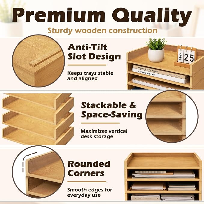 4 Pack Stackable Paper Tray, Wooden Paper Tray Organizer with Letter Tray, Paper Holder for Desk, Desktop File Storage Rack for Study, Home and Office (Oak)