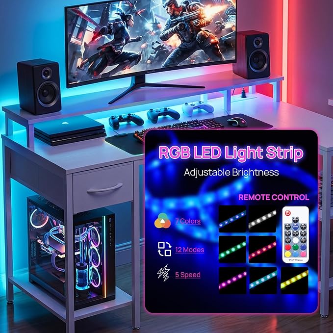 Alpen Gaming Desk, 47 Inch L Shaped Desk with LED Lights, Charging Ports, Corner Desk Reversible Gaming Computer Desk with Shelves Drawer Monitor Stand for Home Office,White