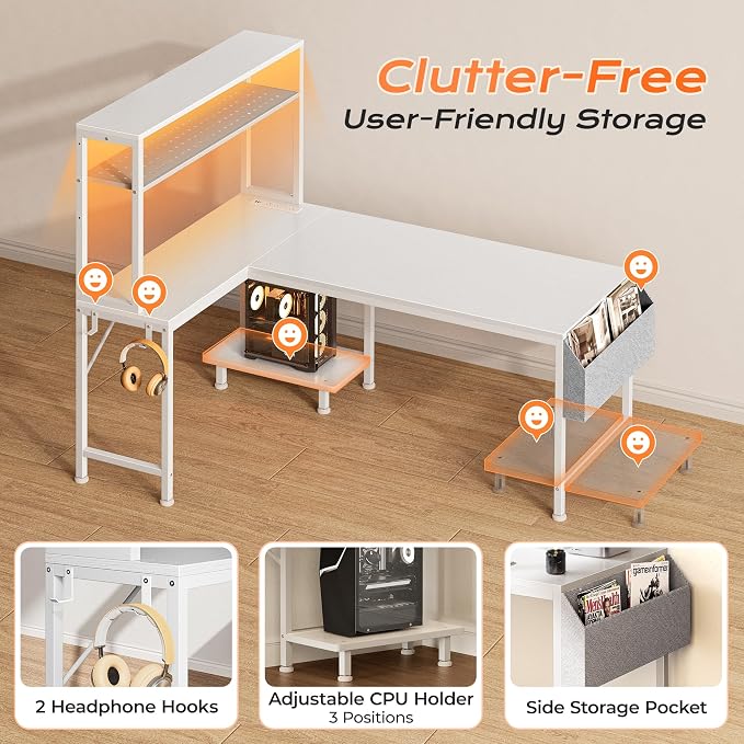 L Shaped Gaming Desk with LED Lights & Power Outlets | Reversible Computer Desk with Storage Shelves & Bag, Large Corner Home Office Desk with Pegboard for Work from Home, White
