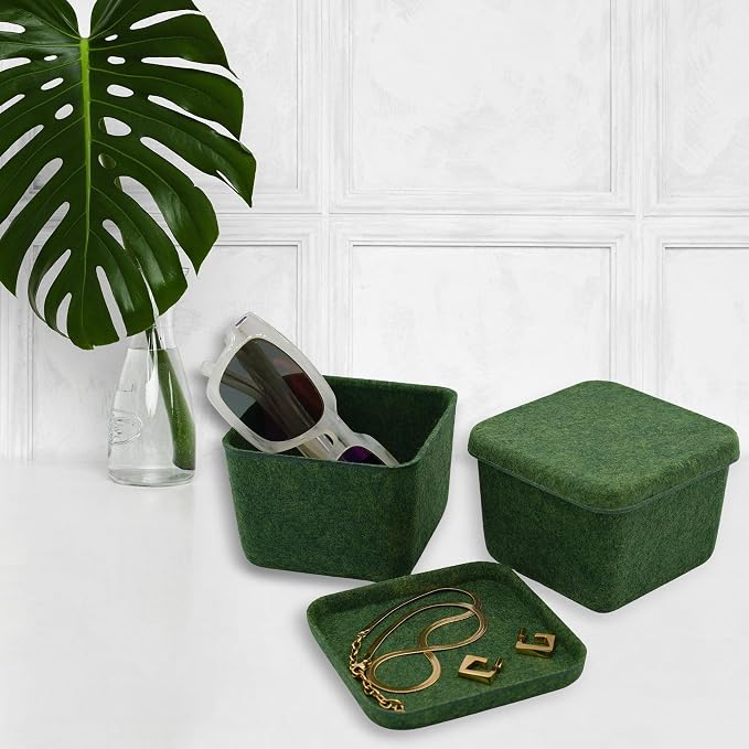 2pc Felt Desktop Stackable Storage Container with Lid Forest Green