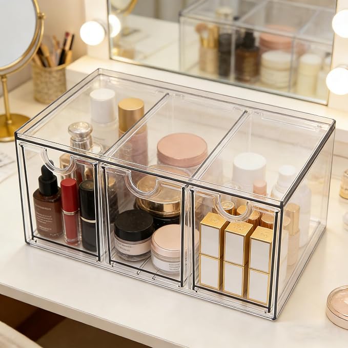 Prsildan Acrylic Makeup Organizer Stackable Storage Drawers with 3 Drawers for Office Desk Vanity Craft Room Clear Drawer Organizers for Hair Accessories Art Supplies Cosmetics Modular System