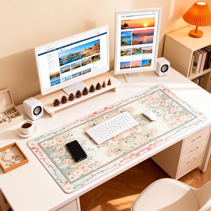 Cute Floral Aesthetic Daisy Gaming Mouse Pad, Morandi Rug Desk Mat with Anti-Slip Base & Stitched Edges,35.4" x 15.7" in Table Mat for Computer Desktop, Beautiful Workstation Decor