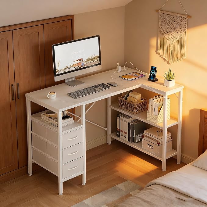 Alpen L Shaped Computer Desk, 55 Inch Corner Desk with Drawers and Power Outlets, Home Office Desk for Gaming, Study Writing PC Table with Storage and Reversible Shelf, White