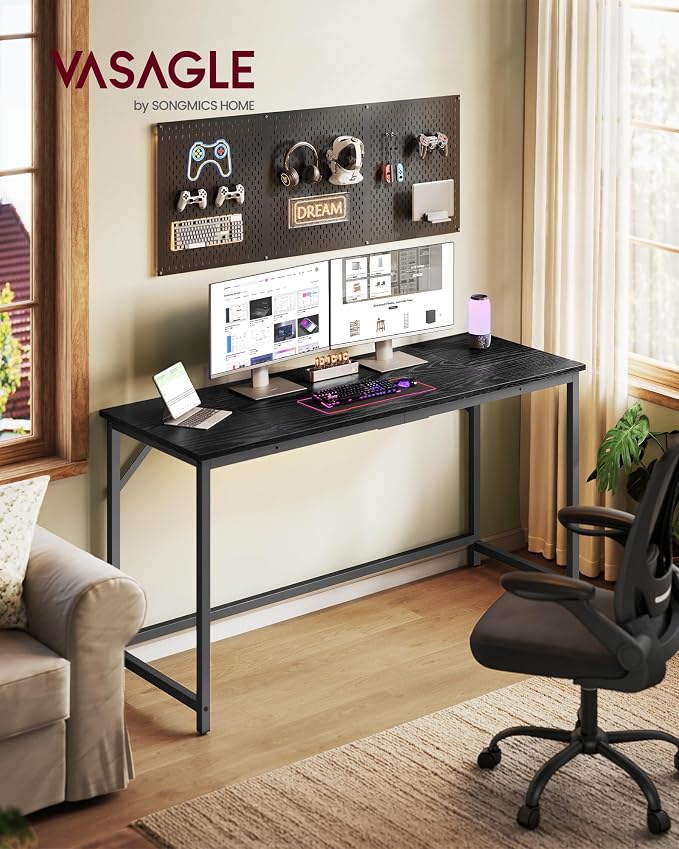 VASAGLE Computer Desk, Office Work Desk, 55.1 x 19.7 x 29.9 Inches | For Study, Bedroom, Home Office, Living Room, Ebony Black and Black ULWD214B101