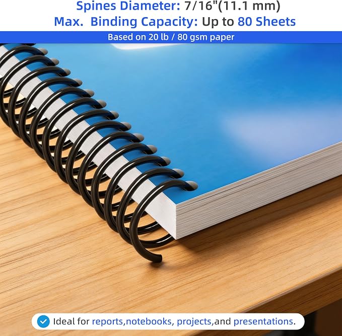 RAYSON 7/16" Plastic Spiral Binding Coils, 11.1mm Diameter, 4:1 Pitch, 80 Sheet Capacity, Black Coil Binding Spines for Business & School Use, 100 Pack