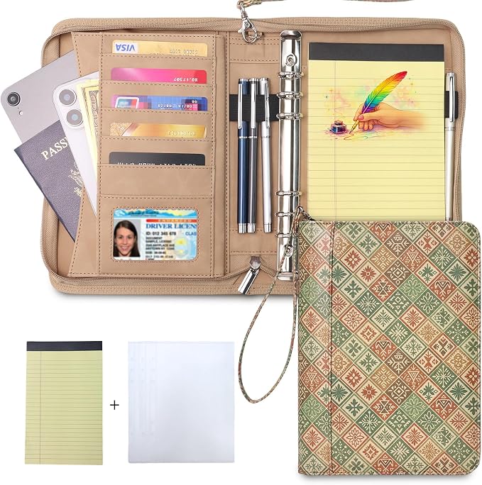 A5 Binder 6 Ring with Zipper, Portable Planner for Travel & Study | Faux leather A5 planner with detachable 6 rings, lined pages, pouches, card slots and pen holder for daily use.