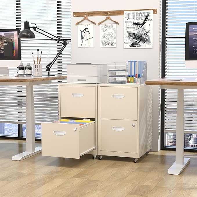 Kubohogar 2 Drawer Mobile File Cabinet with Lock, Cream Metal Filing Cabinets with Wheels, Vertical Rolling File Cabinet Fit Hanging Files, Letter and A4 Documents