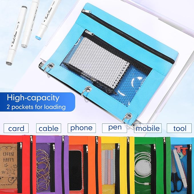 Leelosp 48 Pack Pencil Pouch for 3 Ring Binder,Multi-color | Bulk Mesh Zipper Binder Pouches Pencil Boxes for Classroom Pencils Case Bags for Storing School Students Teacher Supplies