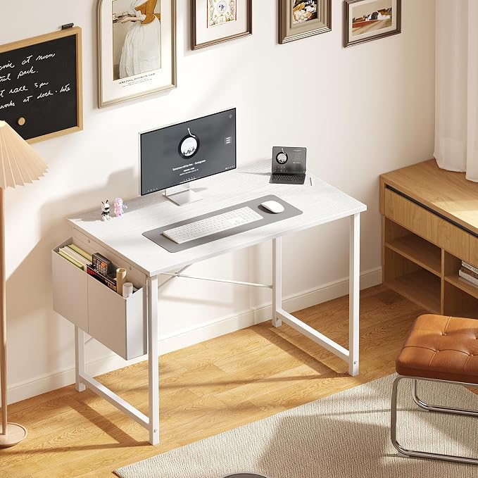 OLIXIS Small Computer Desk, 40 Inch Gaming Desks for Home Office | Writing Study Craft Work Table, Computer Workstation for Bedroom Small Spaces with Storage Bag, All White
