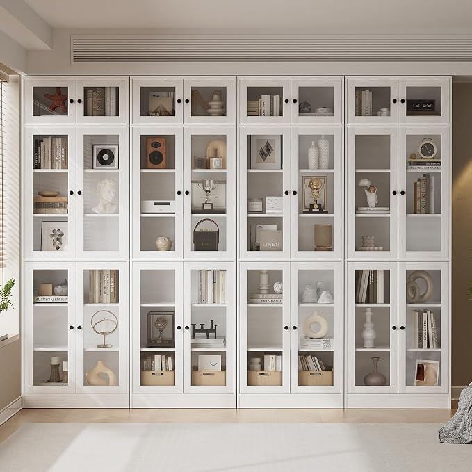 TUSY 85.5" Modern Tall Bookcase with Glass Doors, 7-Tier Wood Bookshelf with Storage for Home Office, Large Curio Cabinet for Living Room, Office, Bedroom, Family Room (White, A)
