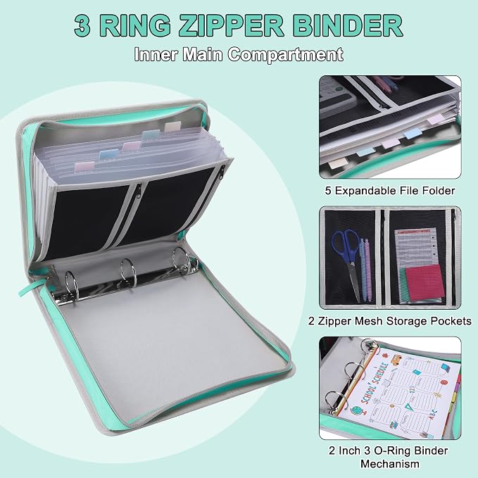 Ndsox Zipper Binder 3 Ring with Handle, 2 Inch O-Ring Document Organizer Middle School Binder with Zipper for Students, 5-Tab Expanding File Folder & 2 Mesh Pouches, DIY Clear Front Pocket, Mint Green