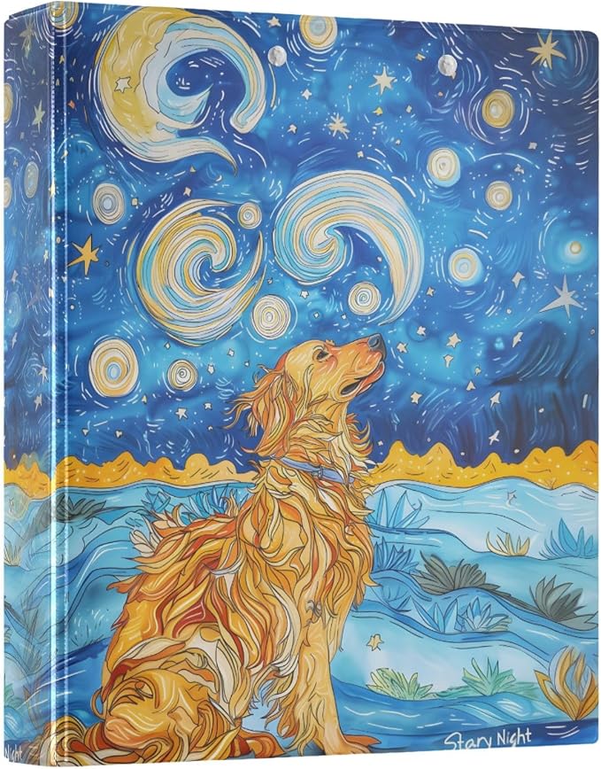 Golden Retriever Starry Night 3 Ring Binder with 2 Interior Pockets 1.5 inch Binders 3 Ring Heavy Duty Fit 8.5" x 11" Letter Size for Office School, 2 Pack