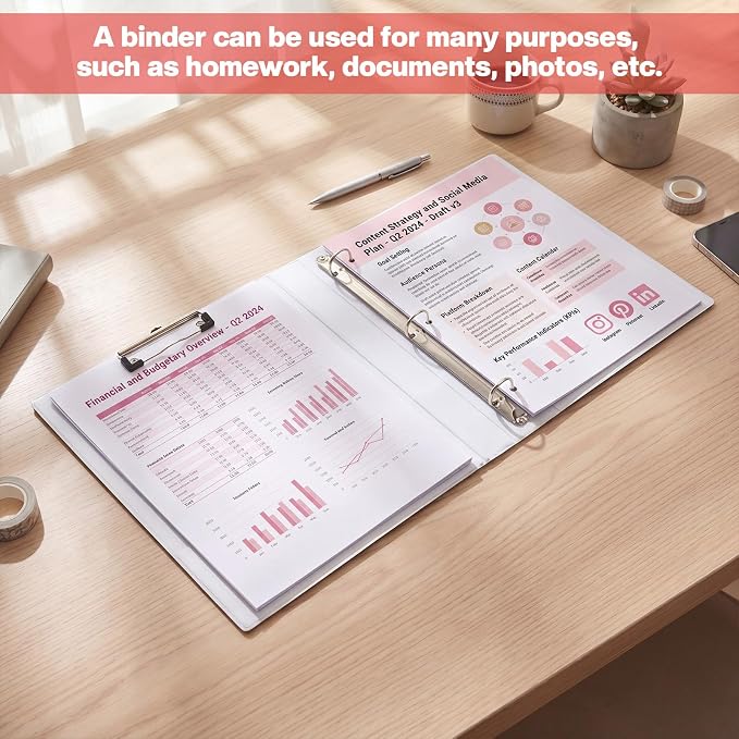 Colarr Pink Bow 3 Ring Binder 1.5 Inch with Clipboard Interior Pockets, Cute Preppy Round Ring Binder for Office Supplies & File Folder Organization