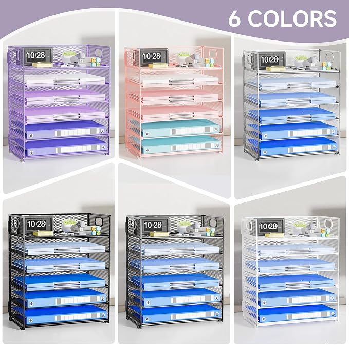 Purple Paper Organizer for Desk with Handle, 6-Tier | Metal Mesh File Organizer, Stackable Desktop Organizer for Office Supplies & Stationery Storage