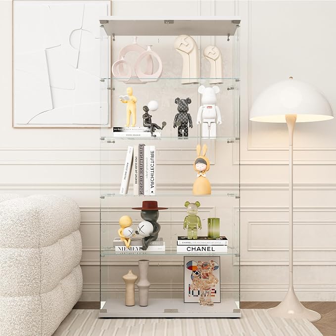 FLYMUHJIA Curio Cabinets with Tempered Glass Doors - 5-Shelf Double Door China Cabinet for Display and Collectibles - White