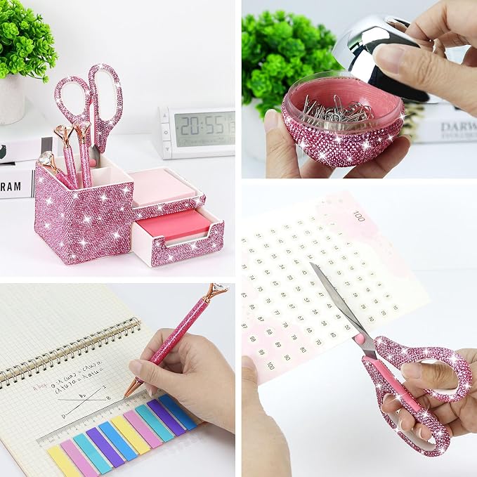 MultiBey Bling Pink Rhinestone Desk Accessories Set, 4 Pcs | Crystal Office Stationery Kit with Drawer Organizer, Paper Clip Holder, Scissors & Diamond Pen Desktop Decor & Gift for Women