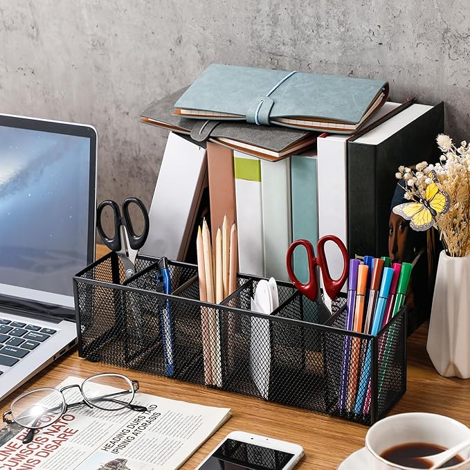 Teling 2 Pcs Mesh Desk Organizer Metal Mesh Pen Holder 6 Compartments Desktop Stationery Pencil Caddy Organizer Basket(Black)