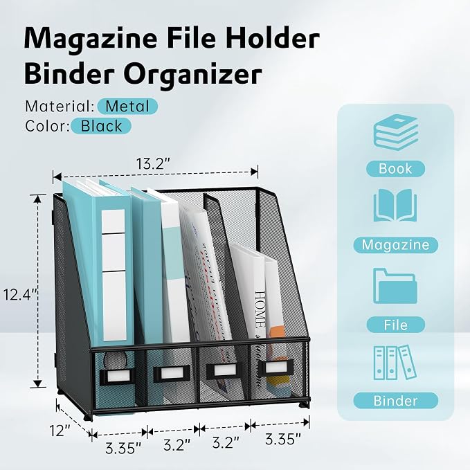 4-Compartment Magazine File Holder and File Organizer for Desk, Black | Metal Magazine Holder and Magazine File Holder, 4-Compartment File Organizer for Binders Folders Magazines and Paper