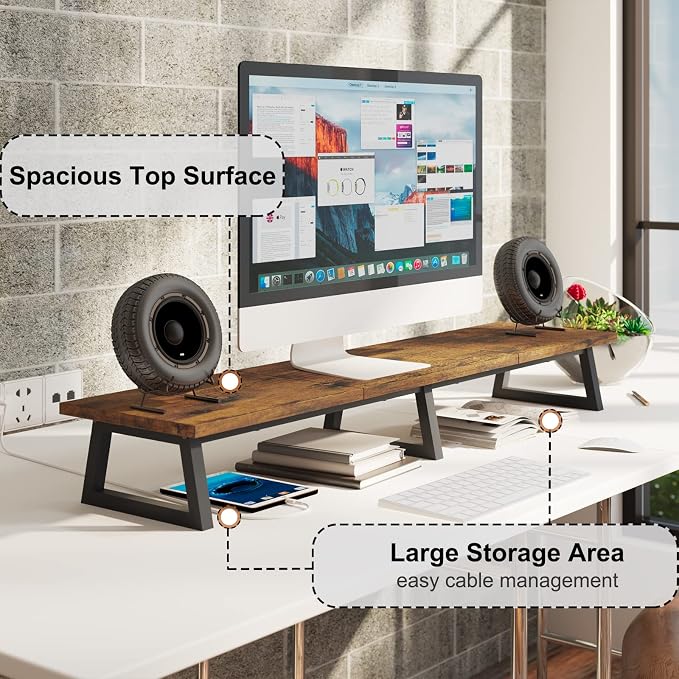 TEAMIX 42 inch Large Dual Monitor Stand Riser,TV Riser,Desk Shelf Organizer | Extra Long Computer Stand, Wood & Steel, Holds 300lbs, Keyboard/PS5/Soundbar Storage Underneath, For Home Office & Gaming