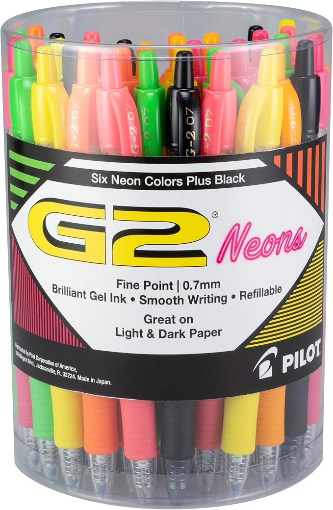 PILOT G2 Colored Gel Pens, Assorted Neon Color + Black Inks, 36-Pack Tub