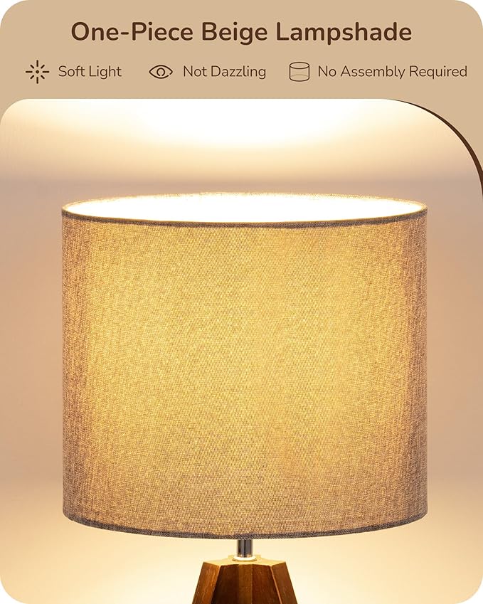 EDISHINE Boho Small Table Lamp, Wood Lamp, Grey Linen Lampshade,14.2 Inch | Walnut Color Tripod Bedside Lamp, Farmhouse Nightstand Lamp for Nursery, Bedroom, Office, Kid Room, Living Room, E26 Socket