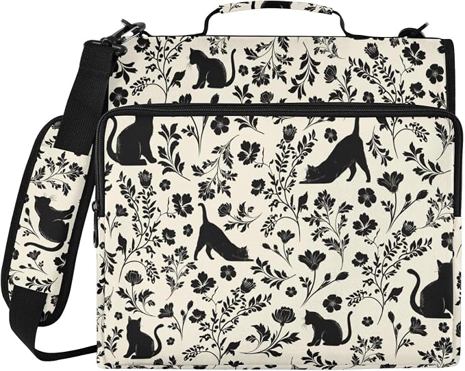 Flowers Cat Print Zipper Binder File Organizer Bag 3 D-Ring | with Shoulder Strap, Holds 500 Sheets & 14in Laptop, 3 Ring Binder for Office Supplies