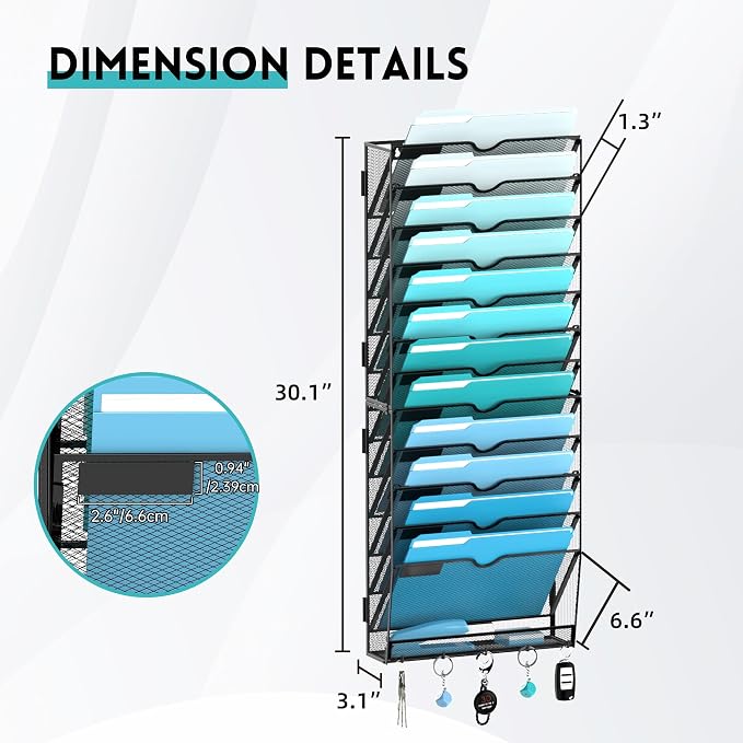 13-Tier Wall File Organizer and Mail Organizer with 5 Hooks, Black | Label slots, curved openings, 5 key hooks, and a bottom tray support organized mail, file, and everyday item storage.