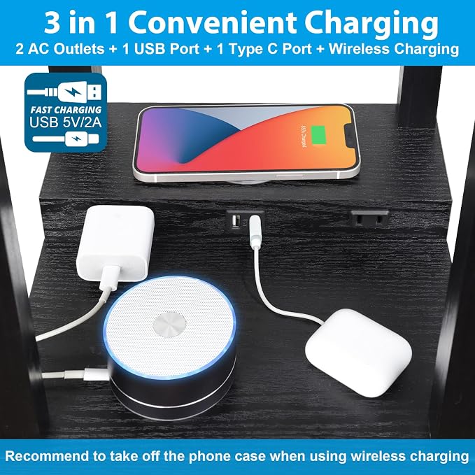 Shelf Floor Lamp with Wireless Charger, USB, Type C, AC Port,Black | Fast Charging USB Ports & Type C Port & 2 Power Outlets, 3 Tier Storage Shelf Lamp, E26 Base, 60W Max(Bulb Not Included)