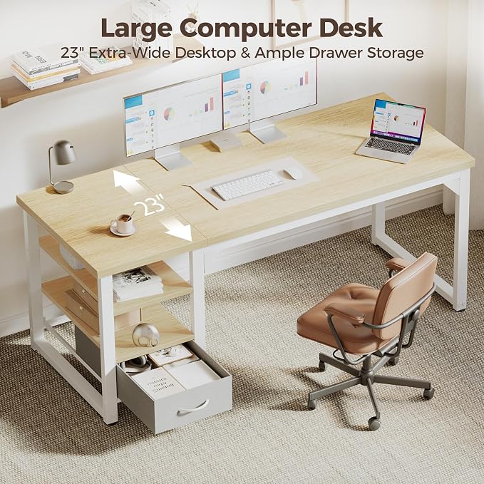 48 in Computer Desk with Drawer, 1" Thick Reversible Office Desk | Modern Writing Table with Storage Shelves, Heavy Duty Industrial Study Desk for Home Bedroom Work