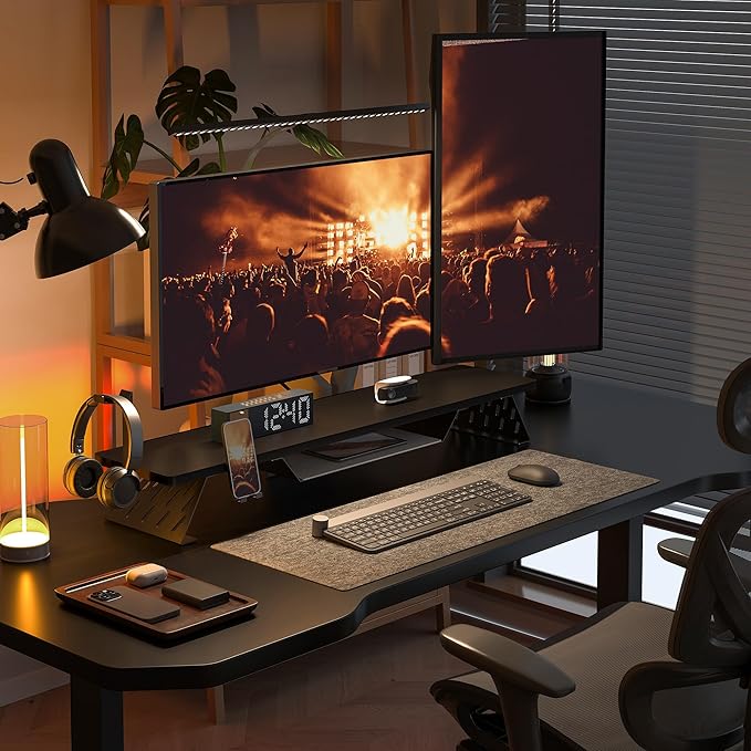 Fenge Dual Monitor Stand, Wooden Desk Shelf with Headphone & Phone Holder | 42.5" Monitor Riser with Storage Shelf, 2-Tier Monitor Shelf with Metal Leg for Home Office Organizer, Black