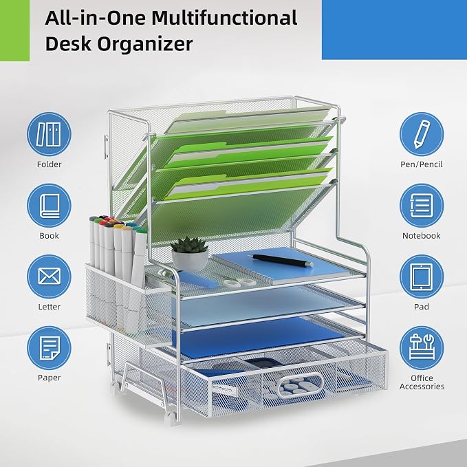 MINDEPOT 4-Tier Paper Organizer + 3-Pocket File Holder + Drawer + Pen Holders, Desktop File Organizers Paper Tray for Office Supplies School Classroom Organization (Silver, with Drawer & Pen Holder)