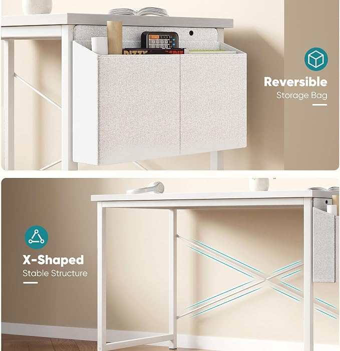OLIXIS Computer Desk, 55 Inch Gaming Desks for Home Office Small Spaces | Writing Study Craft Work Table, Computer Workstation for Bedroom with Storage Bag, All White