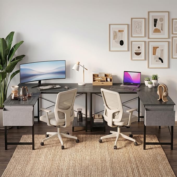 Alpen Gaming Desk, Home Office L Shaped Desk, Small Computer Corner PC Table with Side Bag and Reversible Shelf, Sturdy Writing Workstation for Bedroom, Living Room, Grey