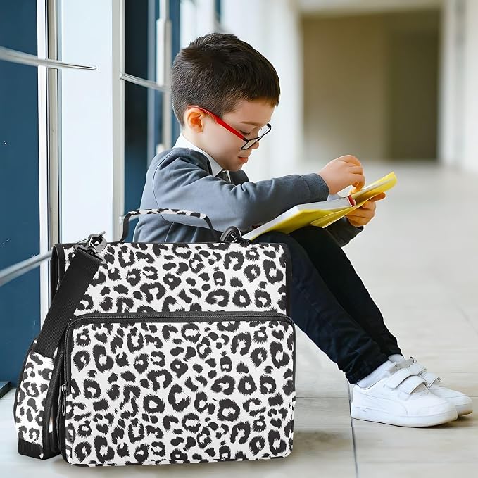 Black and White Leopard Print 3 Ring Binder Bag 1.5 inch Binder Organizer with Zipper Shoulder Strap 500 Sheet Documents Storage for School Office