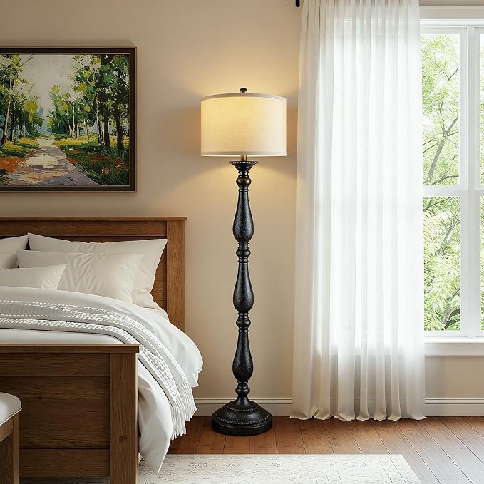 Vintage Floor Lamp for Living Room, Rustic Farmhouse Standing Lamp with Rotary Switch and Linen Shade, Retro Resin Floor Lamp for Bedroom, Corner, Dining Room, House Decor, Black