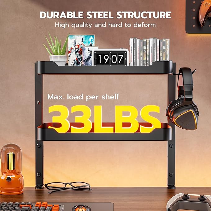 ARES WING 2-Tier 16 inch Clamp On Desk Shelf, Above or Under Desk Storage | Adjustable Desktop Organizer Shlef Holds 66 lbs Heavy Duty, with Headphone Holder for Working and Gaming Accessories, Black