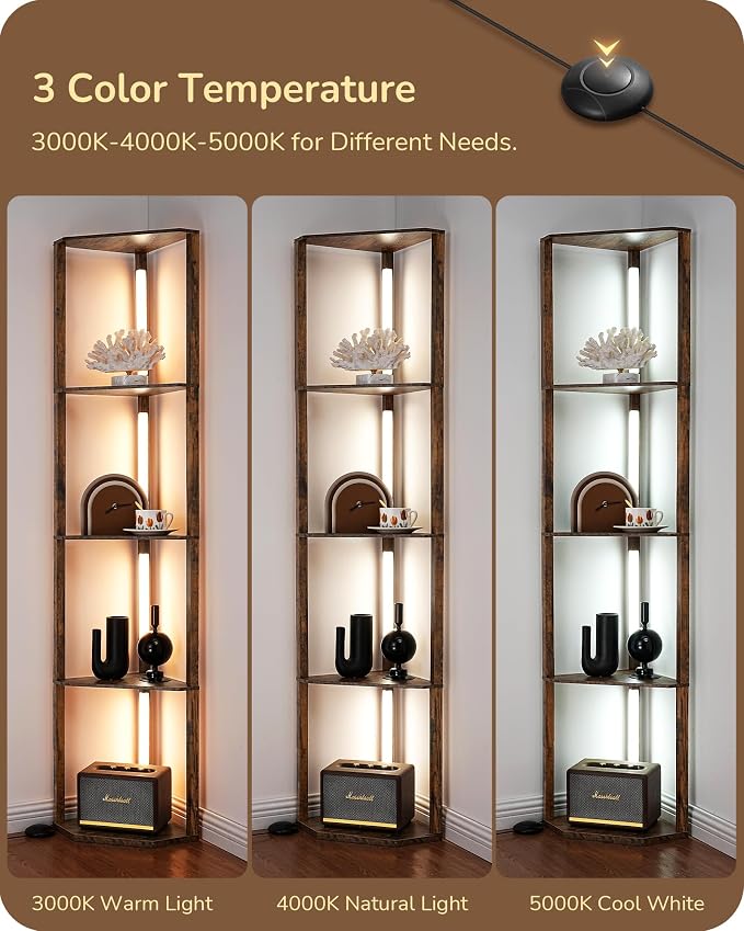 EDISHINE 64'' Corner Shelf Floor Lamp, 3CCT, Corner Floor Lamp, Burlywood | Stepless Dimmable, Foot Switch, 4-Layer Shelf, for Living Room, Bedroom, Apartment, TV Stand, Entryway Table, Conference room