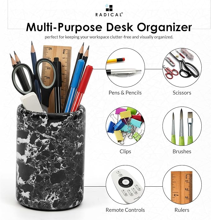 Radicaln Marble Pen Holder For Desk 4" Inches Black Handmade Pencil Holder & Pen Holder for Home & Office Desktop Organizer, Ideal Marble Toothbrush Holder
