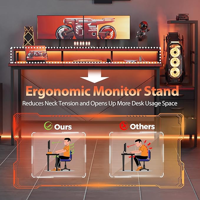 60 inch Gaming Desk with Drawers, Reversible Computer Desk, Black | Gamer Desk with LED Lights, Power Outlets & Monitor Stand, Large Office Table for Home Bedroom Study Work Writing