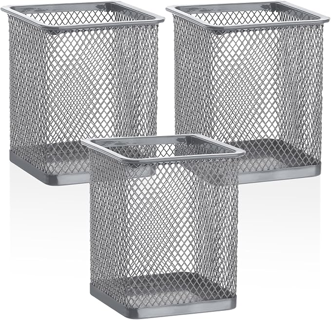 Segarty Pen Holder, 3 Pack Square Silver Pencil Holder for Desktop, Metal Mesh Pen Cup Container Desk Organizer for Office Supplies, School, Home, Makeup Brush Storage