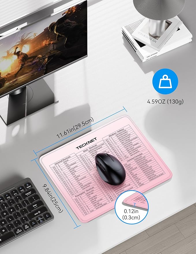 TECKNET Shortcut Mouse Pad for Excel Word PowerPoint Windows, Non-Slip Waterproof Office Desk Mat-11.6x9.8 Inch, 68 Keyboard Shortcuts, Portable Computer Mouse pad, Durable, Clear Printing, Pink