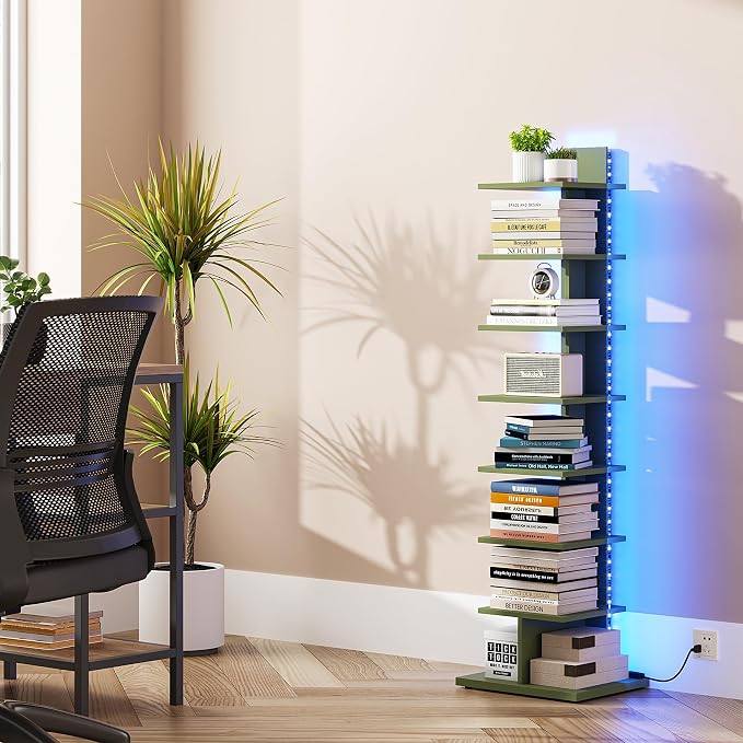 TUTOTAK Book Shelf, Narrow Spine Bookshelf, 8-Tier Bookcase with LED Lights | 10.4 x 13.4 x 47.5 Inches Vertical Freestanding Corner Shelf for Living Room, Office, Small Space, Olive Green BS06BOG008L