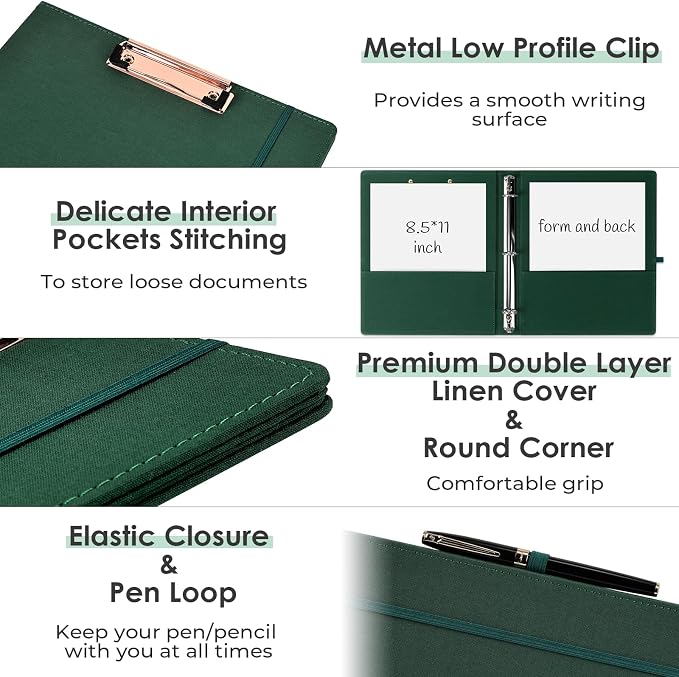 EYROZILL 3 Ring Binder, 1 Inch Linen Binder Organizer for Letter Size (8.5" x 11") with 5 Tab Dividers, File Folder Labels and Low Profile Clipboards, School and Office Supplies-Blackish Green