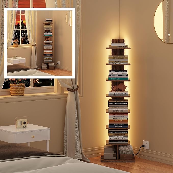 TUTOTAK Book Shelf, Narrow Spine Bookshelf, 8-Tier Bookcase with LED Lights | 10.4 x 13.4 x 47.5 Inches Vertical Freestanding Corner Shelf for Living Room, Office, Small Space, Brown BS06BB008L