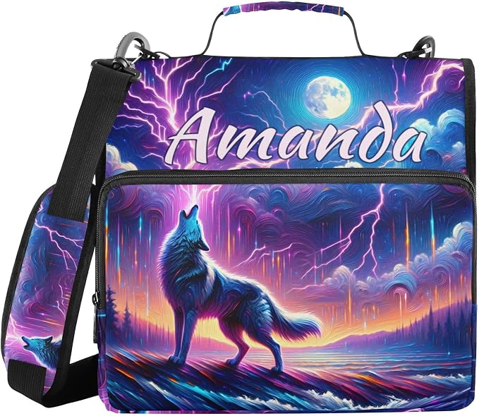 Custom 3 Ring Zipper Binder Galaxy Forest Wolves Personalized Name 1.5 inch Binders Large Capacity Multi Pockets for School Office Supplies